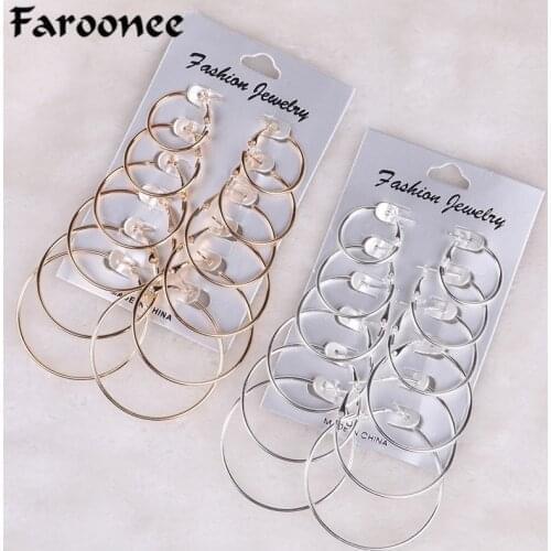 6pair/12pair Per Set Earring Rock Punk Color Gold Big Round Circle Earrings For Women Statement Hoop Steampunk Ear Set Jewelry