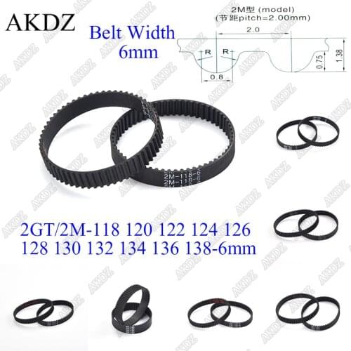 2MGT 2M 2GT Synchronous Timing belt Pitch length 118 120 122 124 126 128 130 132 134 136 138 width 6mm Rubber closed