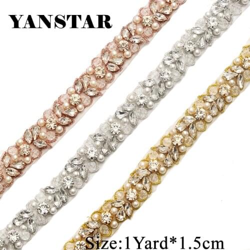 YANSTAR Bridal Wedding Dresses Belt Pearls Rhinestone Appliques Trim 1 Yard For Bridal Sash Rose gold Crystal Accessories YS927