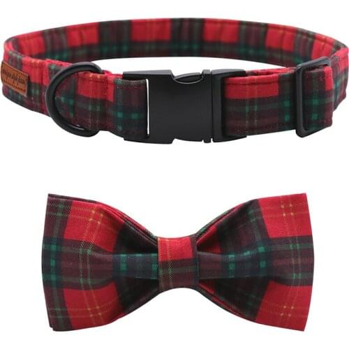 Unique Style Paws Christmas Dog Collar Red And Green Plaid Cotton Fabric Dog Collar and Bow