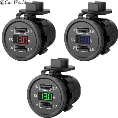 5V 2.1A Waterproof Dual Ports USB Charger Socket Adapter Power Outlet with Voltage Display Voltmeter for 12-24V Car Boat Motorcy