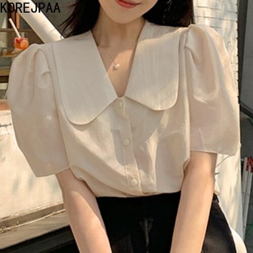 Korejpaa Women Shirt 2021Korea Summer Gentle Elegant Apricot Doll Collar Single-breasted Loose Versatile Short Sleeve Blouse Top