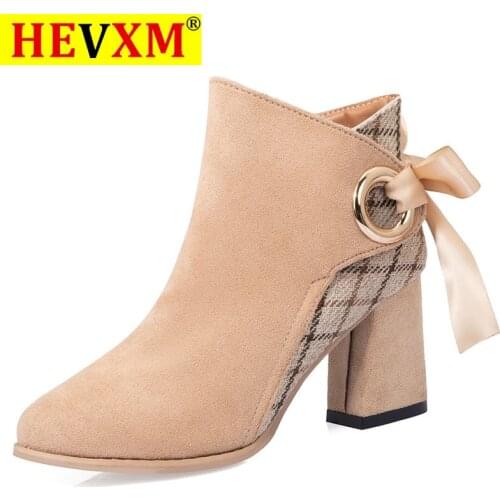 2020 Winter Shoes Women Ankle Boots Back Ribbon Bow High Heels Booties Flock Plaid Cross-tied Dress Shoe Retro Botas Mujer