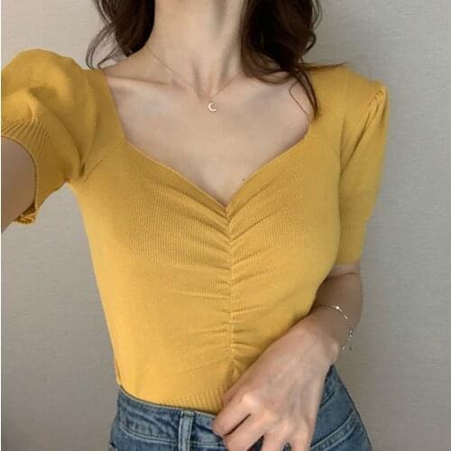 Sweet Puff Sleeve Cropped Tops Sexy V neck Summer Women Knitted Sweaters 2020 New Lady Pleated Pullover Sweater Jumper Tops