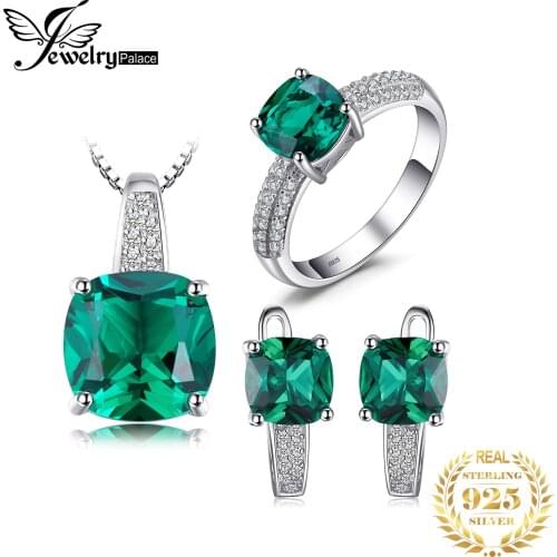 JewelryPalace Created Emerald Ring Pendant Hoop Earrings Wedding Jewelry Sets 925 Sterling Silver Jewelry Gemstone Fine Jewelry