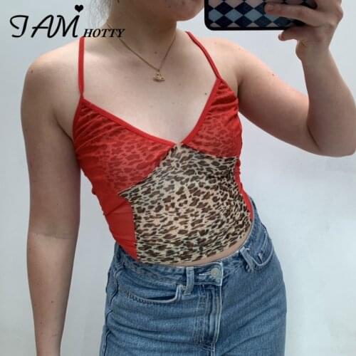 IAMHOTTY y2k Mesh Patchwork Leopard Print Womens Tops Summer 2020 Sleeveless Cami Corset Girls Aesthetic Crop Top Cute kawaii