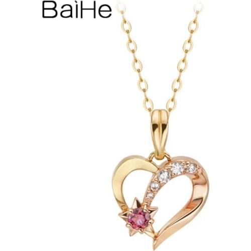 BAIHE Solid 18K Yellow+Rose Gold 0.10ct Natural Rudy 0.30ct Natural Diamonds Heart Necklaces Women Gift Fine Jewelry Wedding
