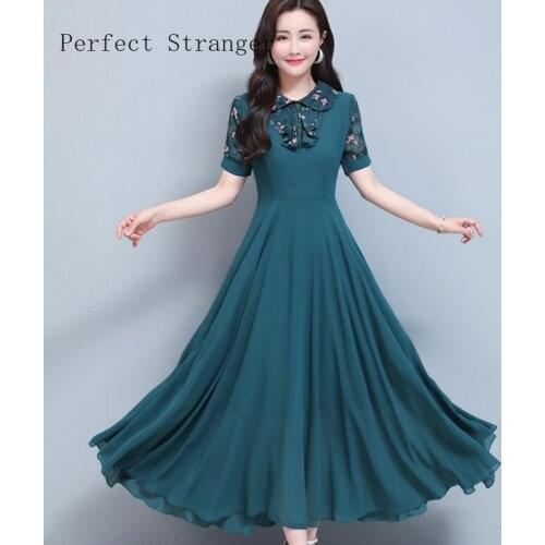 2021 Summer New Arrival Elegant Peter Pan Collar Bow Collar Short Sleeve Women Long Chiffon Dress M-3XL