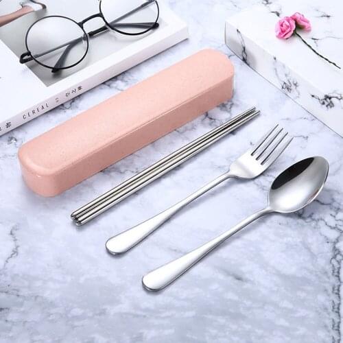 3Pcs Luxury Stainless Steel Cutlery Set Travel Tableware Dinner Forks Spoons Chopsticks Kit China Dinnerware Set+Box Silver Fork