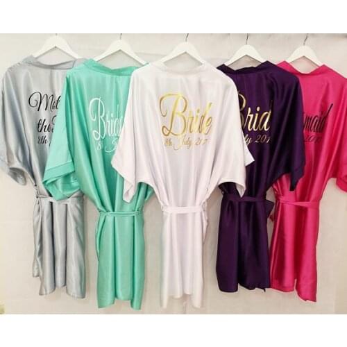 Customized save the date wedding Bride Bridesmaid satin silk pajamas robes Bachelorette kiminos Dressing Gowns party decorations