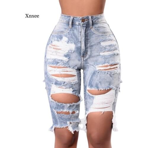 White Blue Sexy Ripped Denim Pants Women Holes Skinny Jean Femme High Waist Pants Women Casual Jean Pants Knee-Length Vestidos