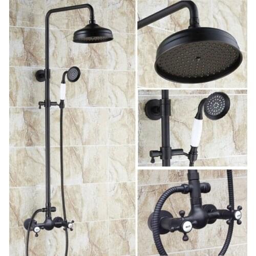 Black Oil Rubbed Brass Dual Cross Handles Bathroom 8 Inch Round Rain Shower Faucet Set Bath Mixer Tap Hand Shower mrs498