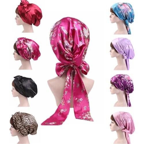 Women Silk Shower Cap Night Sleep Cap Hair Bonnet Hat Head Cover Satin Turban Headscarf