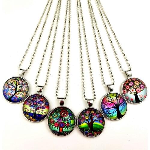 Jaingzimei 24pcs New Design Tree of life glass Cabochon with Wood and zinc alloy Base women Spring and Summer style Necklace