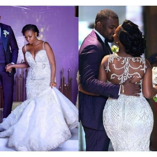 Lace Appliqued Mermaid Wedding Dress Sexy Spaghetti Black Girl Sheath Plus Size Sweep Train Bridal Gown Custom Made