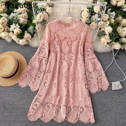 Gagaok Lace Elegant Dresses Women 2021 Spring Autumn New O-Neck Solid Empire Hollow Out Midi Dress Loose Sweet Fashion Vestidos