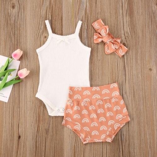 Infant Baby Girls Summer Suit Set Knitted Suspender Romper Tops Print Short Pants Headband 3PCS Baby Girls Outfit Clothes Set