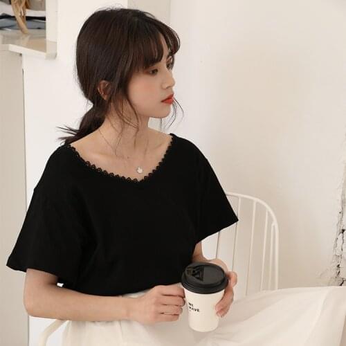 Make spot small delicate simplicity v-neck loose pure color stitching lace short sleeve T-shirt tee female summer