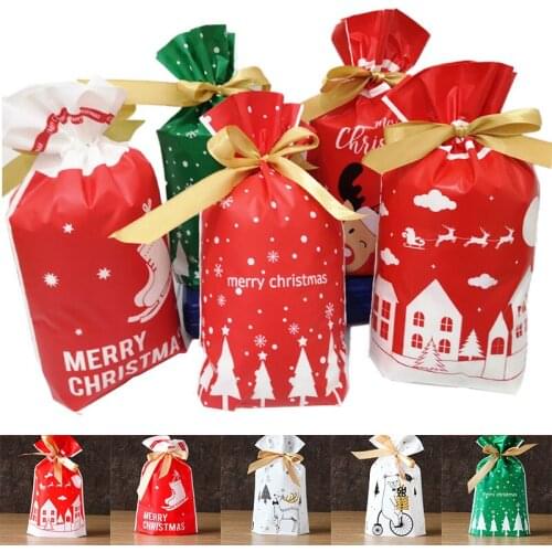 10pcs Christmas Gift Bags Xmas Santa Snowflake Candy Bags Kitchen Baking Cookie Packing Drawstring Bag for Navidad Package Bag