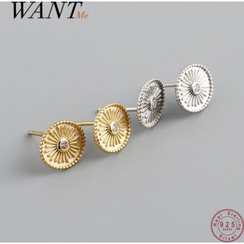 WANTME 925 Sterling Silver Minimalist White Zircon Sun Pattern Geometric Stud Earrings for Women Bohemian Trendy Party Jewelry