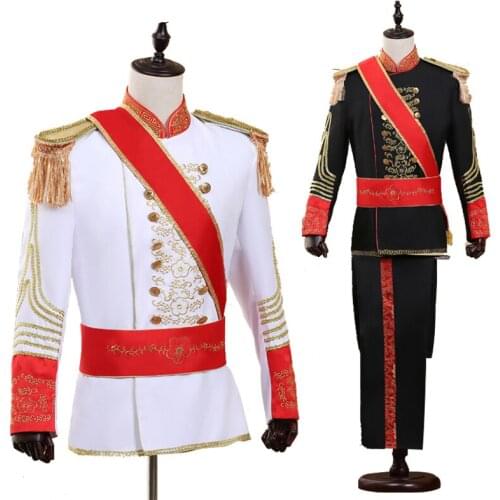 Men Military Uniform Suits Palace Prince Suit Marshal Soldier Honour Guard Dress Stage Costumes Music Singer Host Black White