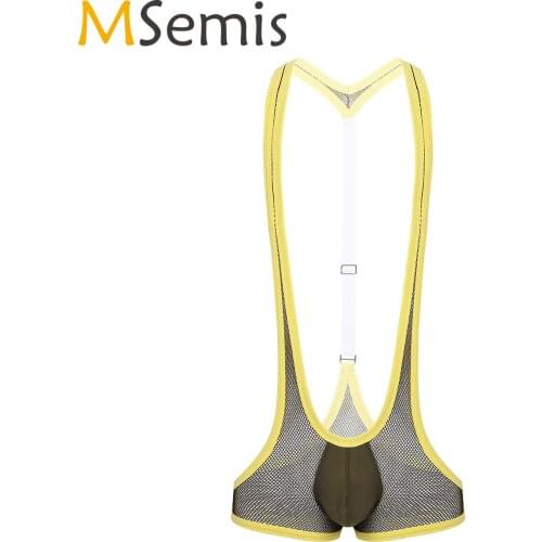 MSemis Men Transparente Fishnet Bulge Pouch Sexy Erotic Underwear Suspender Jockstrap Leotard Body Lingerie Singlet Bodysuit