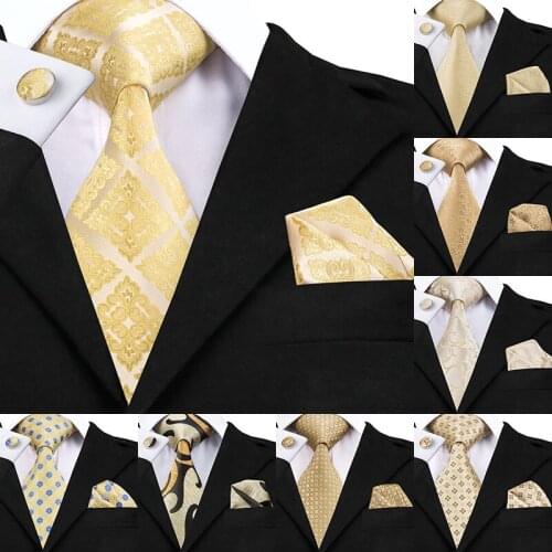SN-1036 Yellow Floral Tie Hanky Cufflinks Set Mens 100% Silk Gold Ties for men Formal Male Necktie Wedding Party Groom Corbatas