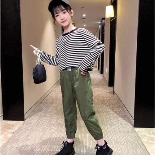 O-neck Collar Striped Full Sleeve Tops Shirt+Pant 2 Pieces Suit Girls Clothing Outfits 2021 Spring Autumn Kids Girl Clothes Set