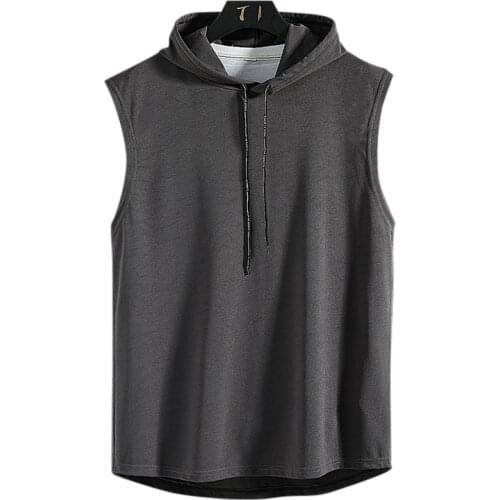 Solid Color Hooded Tank Tops Fitness Clothing Men Hip-hop Streetwear Casual Top Summer Beach Vest Black Mens Clothing