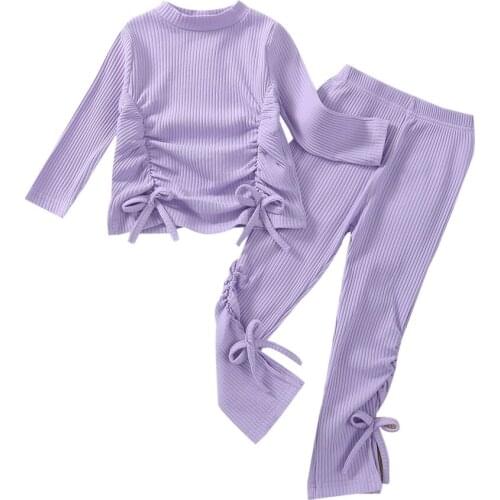 2021 New Autumn Little Girl’s T-shirt and Trousers Suit Fashion Solid Color Drawstring Long Sleeve Tops and Long Pants