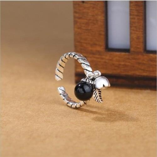 Retro Black Agate Bell Leaf Personality Transfer Open Rings For Women Silver 925 Jewelry SR270 Anillos Mujer Dating Ring SR270