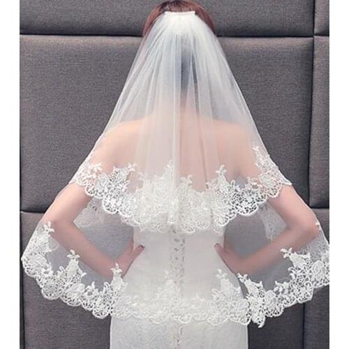 White Ivory Hot Sale Wedding Veil Lace Fingertip Long wedding accessories Cheap Voile Bridal Veils have Comb