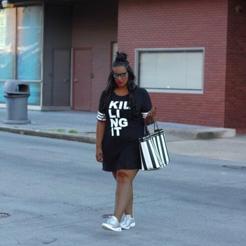 ChocoMisty-LadyPlus Plus-size Dresses Letter Print Striped Mini Dress TC067