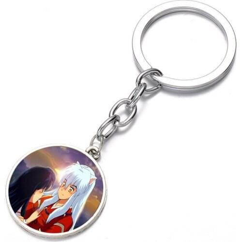 Anime Inuyasha Keychain Glass Dome Key Chain Bag Charm Pendant Bronze Silver black Keyring Holder Kids boys girl Pendant