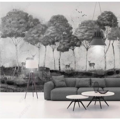 Custom 8D wall cloth Nordic wind nostalgic hand-painted forest black and white background wall paper murals