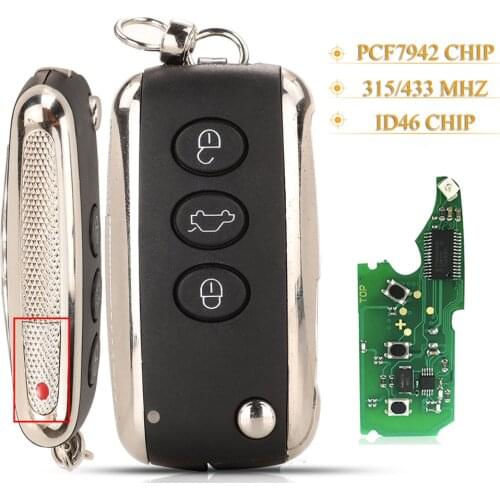 Kutery 3 Buttons Panic 315/433Mhz PCF7942 Id46 Chip Flip Remote Car Key For Bentley Continental GT Continental Flying Spur