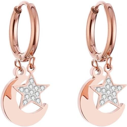 Star Moon Earrings for Women Stainless Steel Small Circle Ear Hoop Earrings Mosaic Cubic Zircon Pendant Jewelry Wedding Gift
