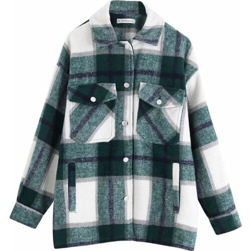 Vintage Stylish Pockets Oversized Plaid Jacket Coat Women Fashion Lapel Collar Long Sleeve L fashion shirt jacket