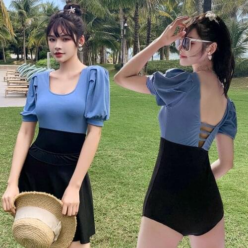 2021 New Korean Sexy Splicing High Waist Bathing Suit Monokini Solid Swimwear Women beach swimming One Piece Swimskirt