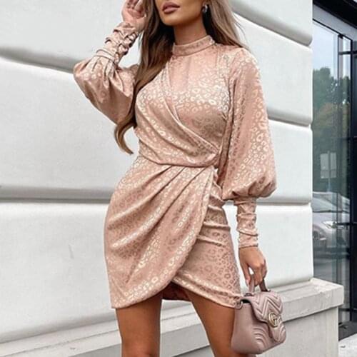 New spring and autumn womens long-sleeved O-neck polka dot leopard halter khaki elegant mini dress youth fashion party dress