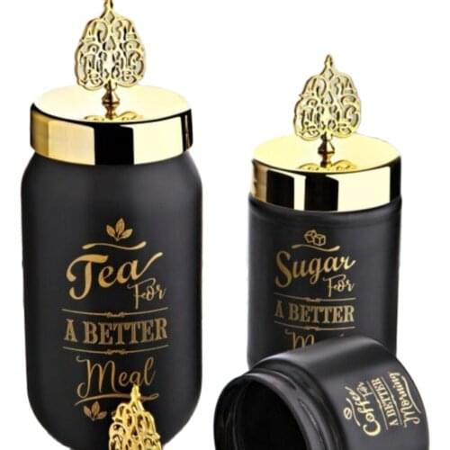 3pcs Lux Spice Storage Box Black Gold Cover Tank Set Salt Shaker Jar Kitchen Accessories Triple Glass Storage Jar, Stone