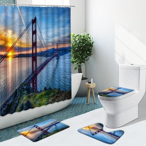 3D City Landscape Shower Curtain Golden Gate Bridge Non-Slip Rugs Flannel Bath Mat Toilet Cover Bathroom Set Home Decor Washable