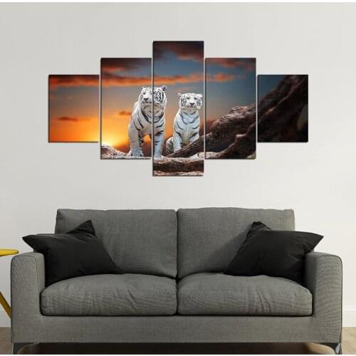 5 Panels Canvas Painting White Tigers Sunset Wall Art Mural Canvas Painting Animal Picture Modern Home Living Room Decoration