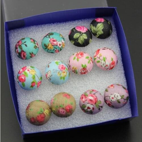 Hot 6 Pairs Colorful Cloth Floral Button Stud Earrings for Girl Womens Vintage Earrings Jewelry ME184