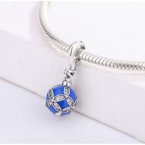 925 Sterling Silver Blue Sphere Inlaid White CZ Zircon Pendant Charm Bracelet Fashion Jewelry DIY Making For Pandora