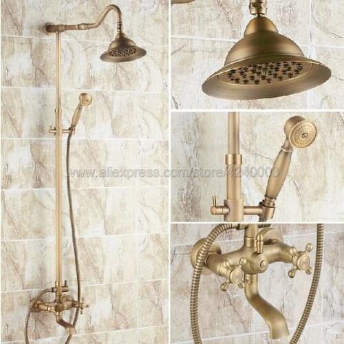 Antique Brass Bathroom Shower Set Faucet with Hand Sprayer Dual Handles Bathtub Mixer Tap Krs001