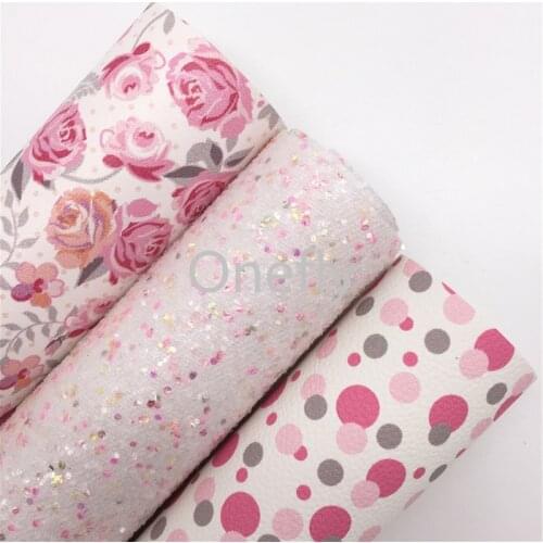 Onefly 21X29CM Pink Glitter Leather, Dots Flowers Printed Synthetic Leather Sheets For Bow DIY handbags shoes AQ038