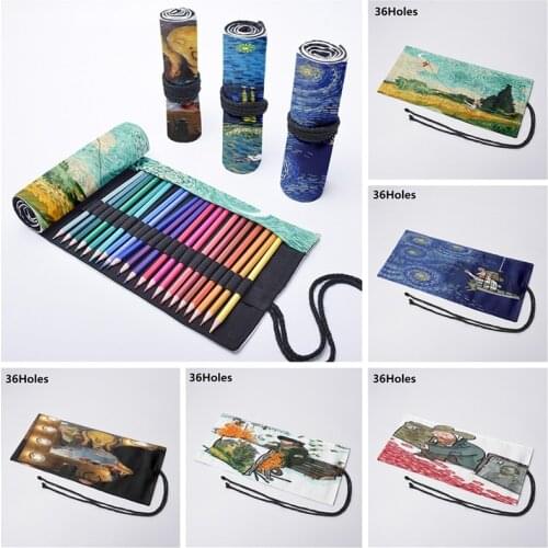 Funny Creativity Art Roll Pencil Case For Unisex 12/24/36/Holes Van Gogh Starry Night Women Pen Bag Drawing Storage Canvas Bag