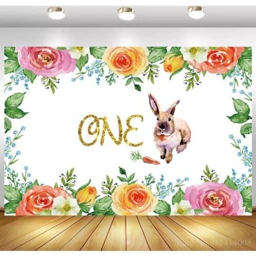 Wild One Year Old Birthday Backdrop Rabbit Bunny Eat Carrot Bloooming Flowers Surround Spring Newborn Photo Background Props