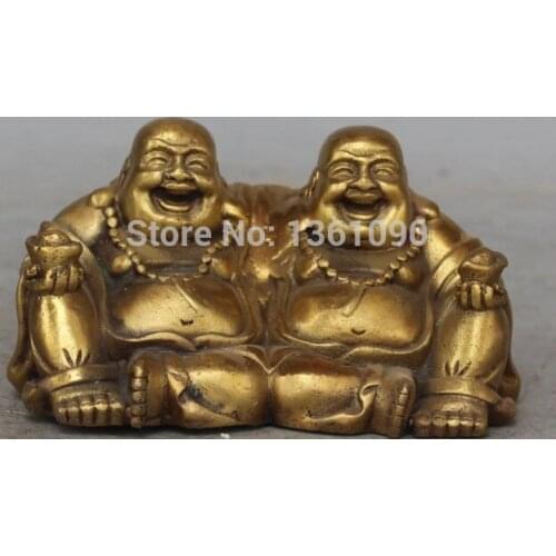 FREE SHIPPING 00510 10CM Chinese Bronze Two Happy Laugh Maitreya Buddha Wealth Yuanbao Bead Statue
